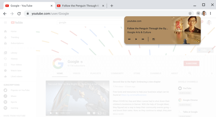 Chrome 瀏覽器視窗中顯示媒體控制項對話方塊。