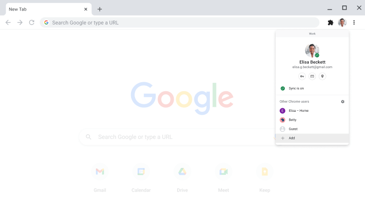 顯示設定檔切換對話方塊的 Chrome 瀏覽器。