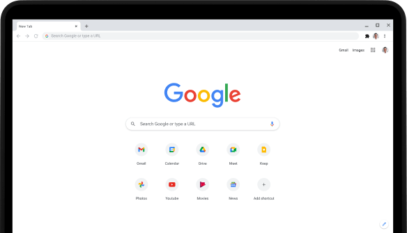 Pixelbook Go 筆記型電腦的左上角,螢幕上顯示 Google.com 搜尋列及常用應用程式。