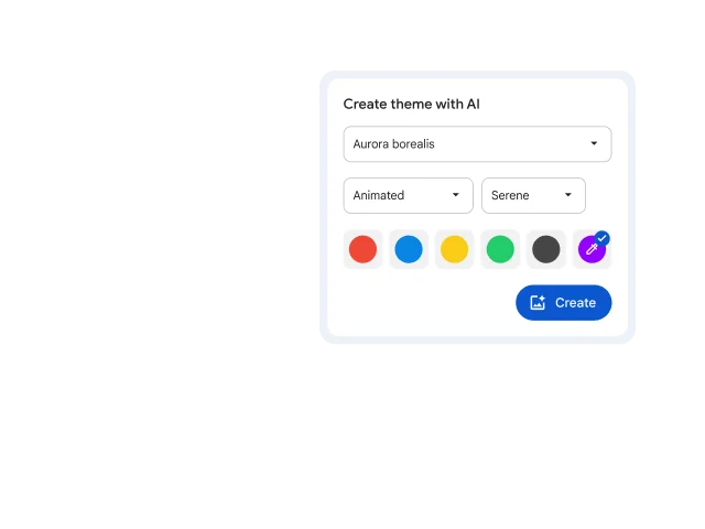 A browser UI shows the option to create a theme with AI. A purple aurora borealis is the example given.