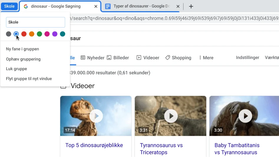 Chrome-browservindue med en dialogboks, der viser navngivningen af en fanegruppe.