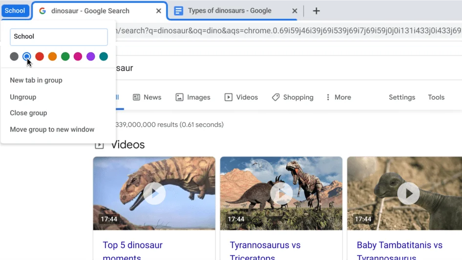 Chrome Browser window with dialogue box showing the naming of a tab group