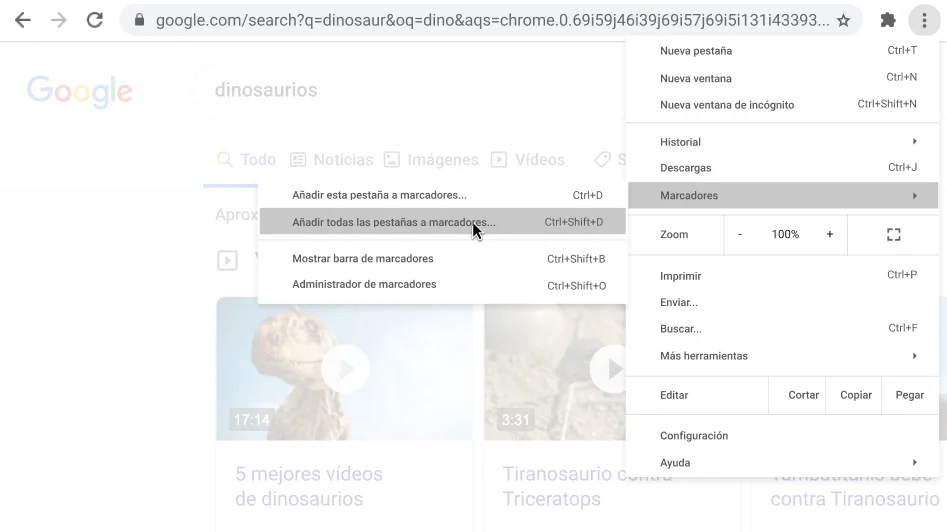 Ventana del navegador Chrome con un cuadro de diálogo donde se muestra la opción Añadir todas las pestañas a marcadores.