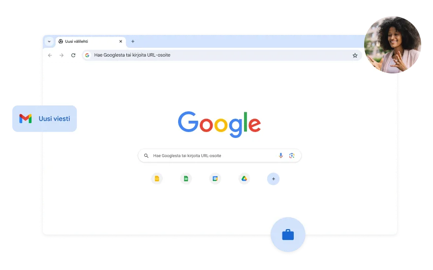 Google-hakusivun tausta on valkoinen. Kuva naisesta on kulmassa.