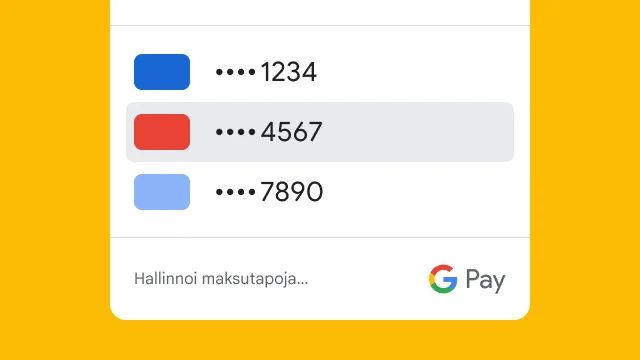Turvallisuussyistä Google Pay näyttää kolmesta credit-kortista vain viimeiset neljä numeroa.