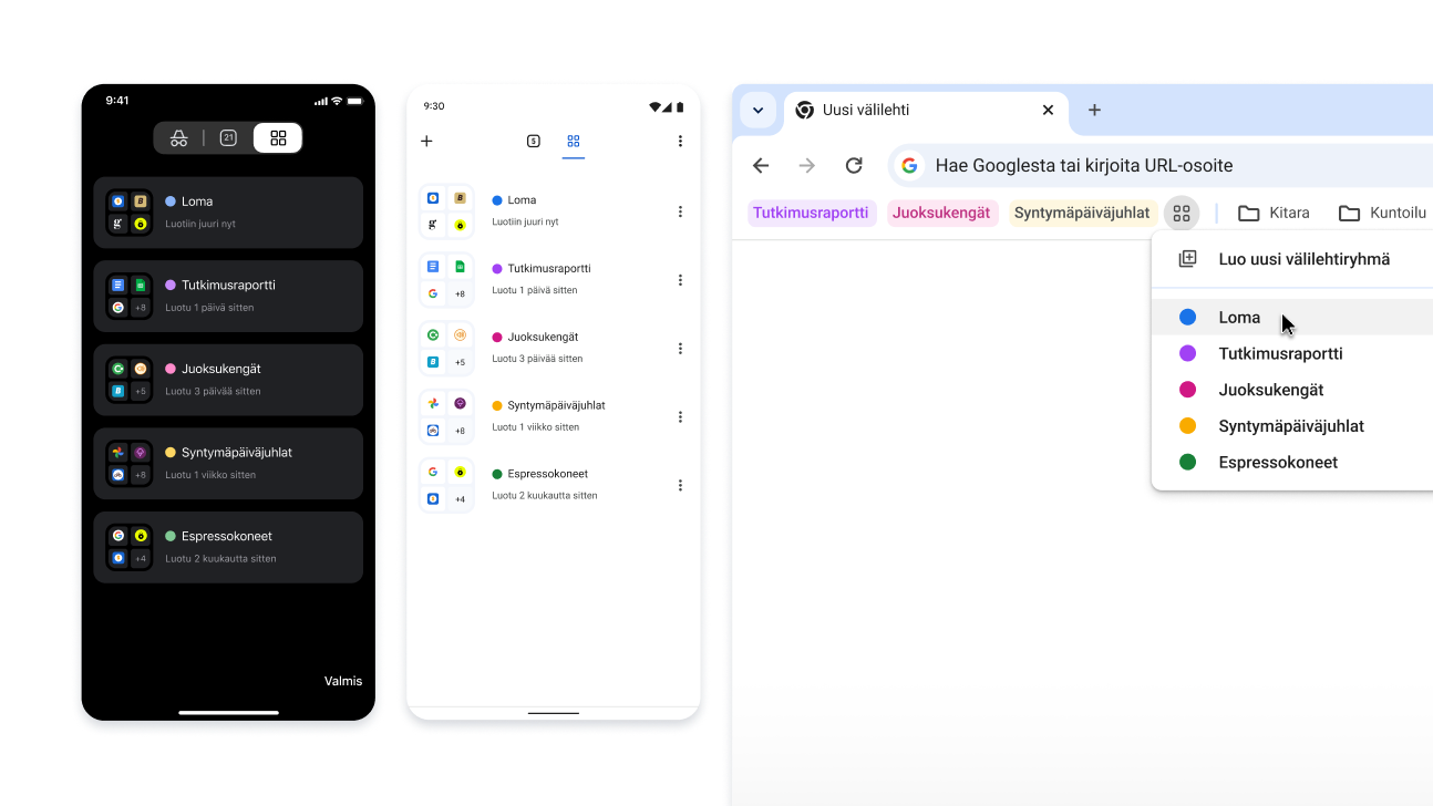 Välilehtiryhmät iOS- ja Android-laitteilla ja tietokoneella