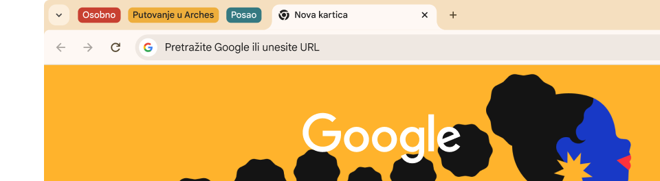 Na korisničkom sučelju preglednika nalaze se tri grupe kartica: Osobno, Putovanje u Nacionalni park Arches i Posao.