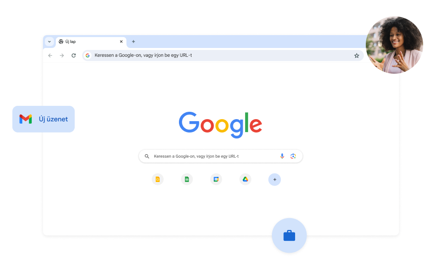 A Google keresési oldalának háttere fehér. Az egyik sarokban egy nő fotója van.