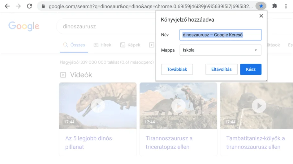 A Chrome-ablakban a megnyitott Könyvjelzők párbeszédpanel látható.