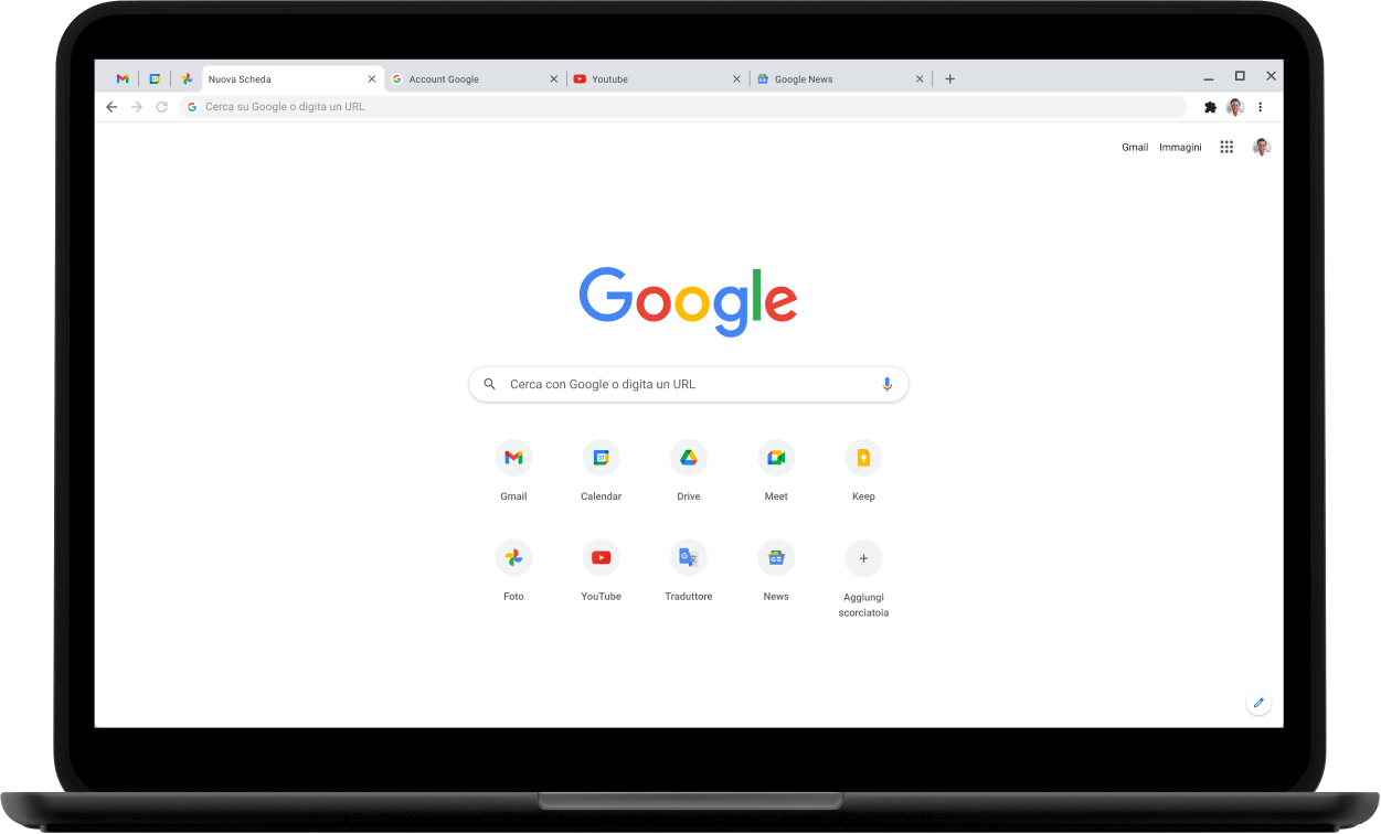 Angolo superiore sinistro di un laptop Pixelbook Go con l'indirizzo Google.com visualizzato sullo schermo.