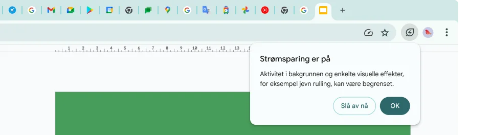 En markør har klikket på Strømsparing-ikonet, som forklarer at bakgrunnsaktivitet og noen visuelle effekter er begrenset for å spare minne.