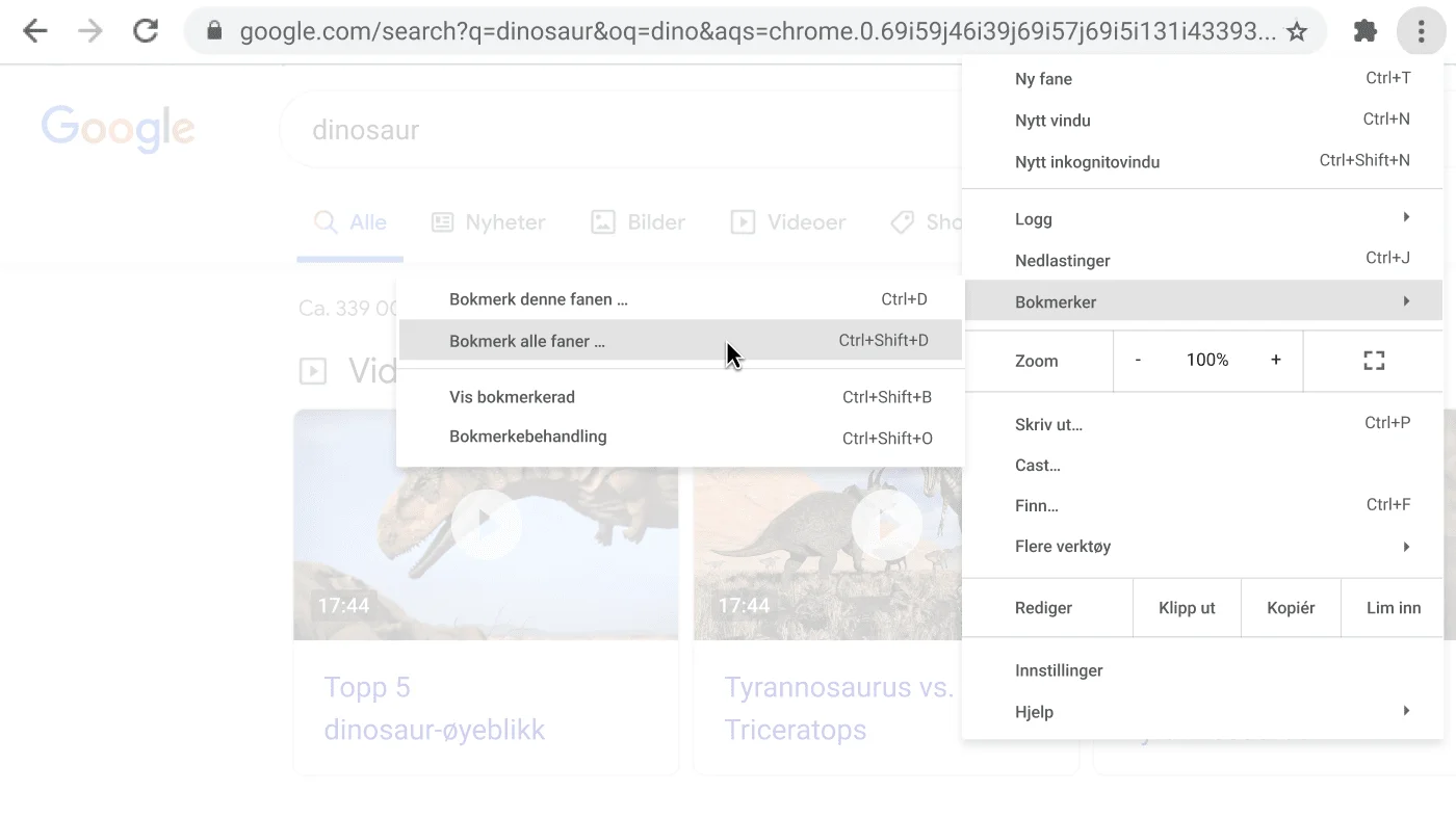 Chrome-nettleservindu med en dialogboks som viser Bokmerk alle fanene-alternativet.