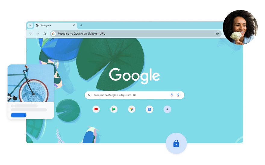 O fundo da página da Pesquisa Google tem uma ilustração azul de peixes em um lago de carpas. Há uma foto de uma mulher em um canto.