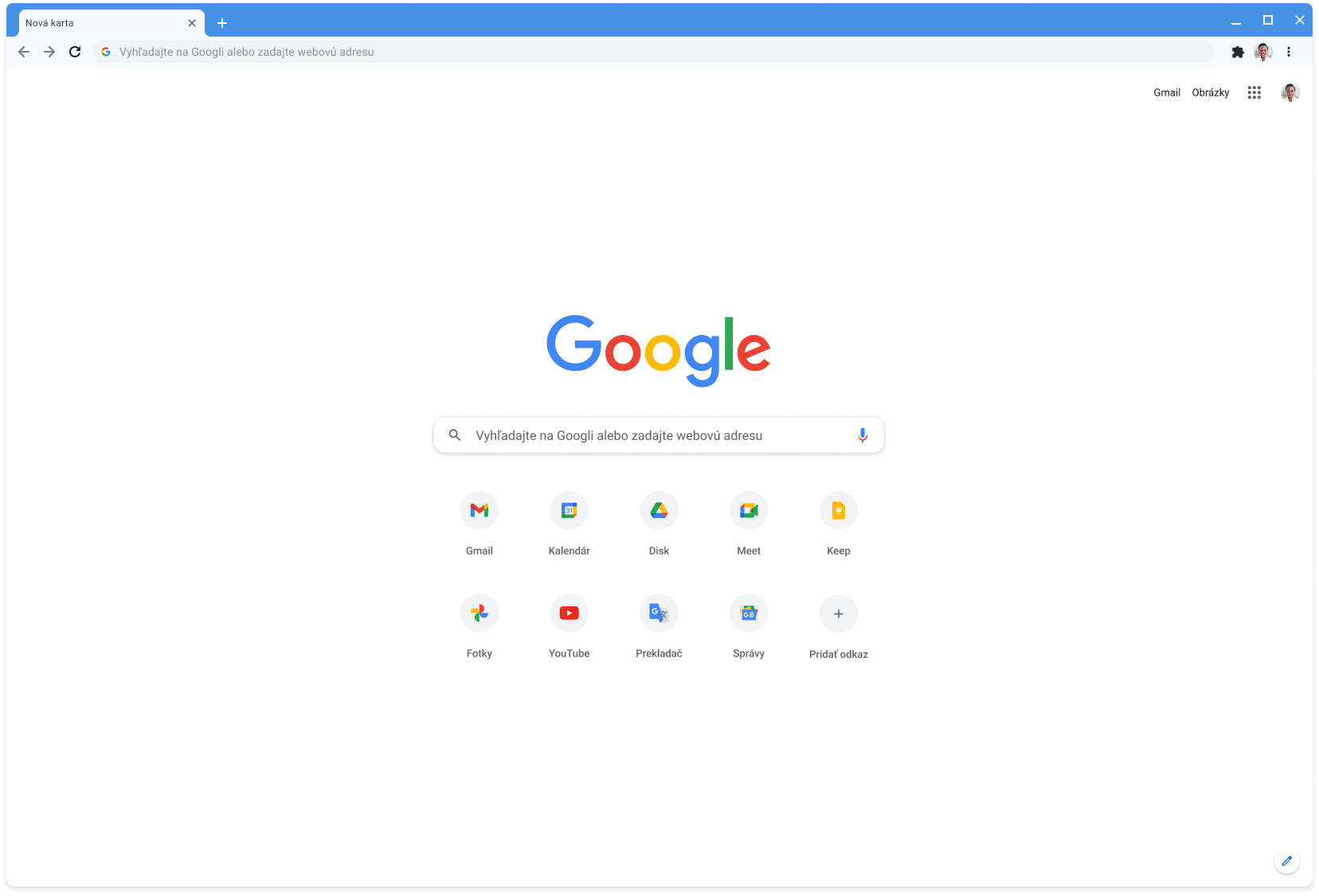 Okno prehliadača Chrome s klasickým motívom zobrazujúce Google.com.