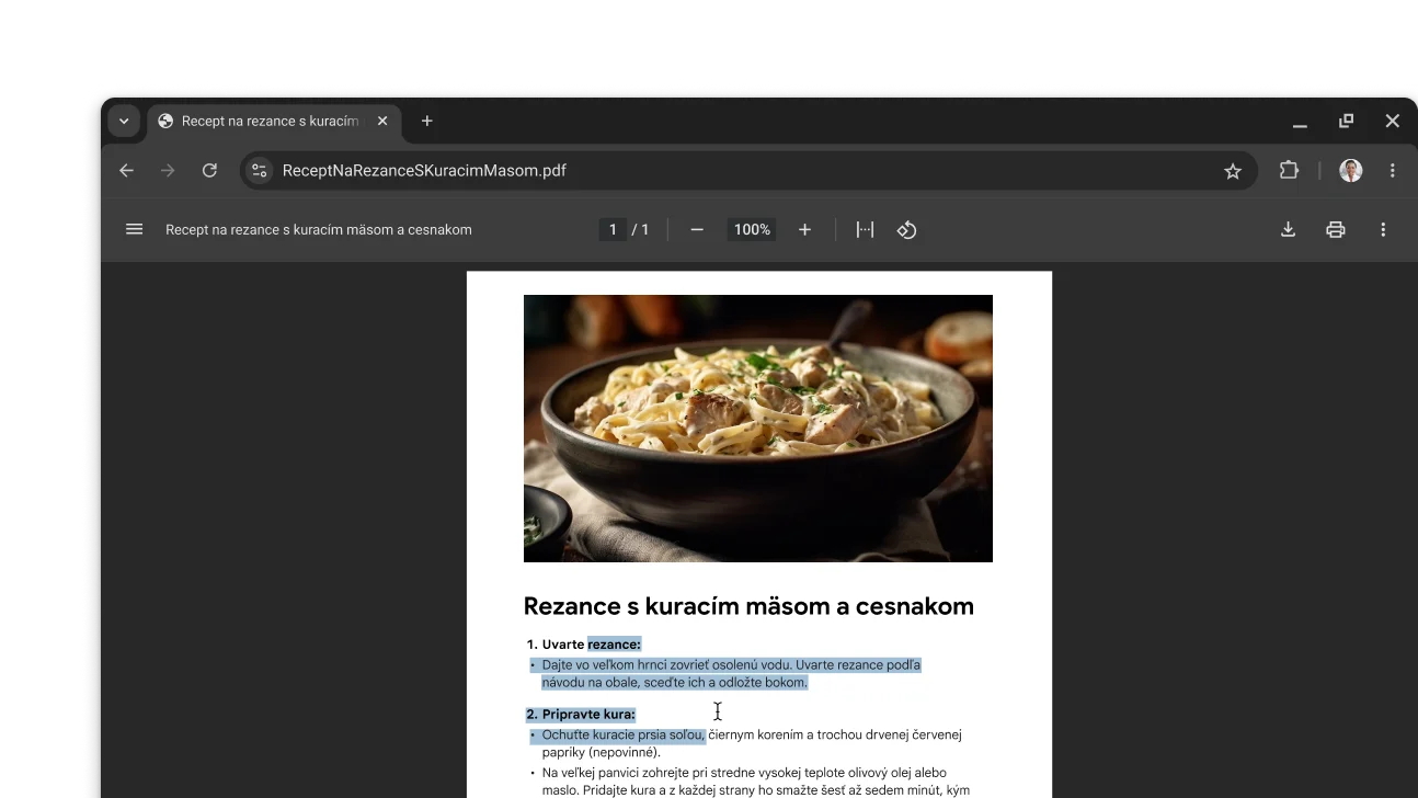 V okne prehliadača Chrome je otvorený súbor PDF s receptom. Používateľ vybral text v súbore PDF.