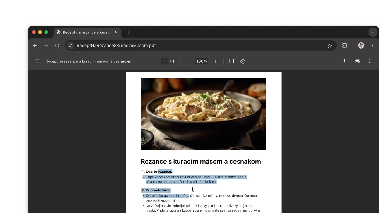 V okne prehliadača Chrome je otvorený súbor PDF s receptom. Používateľ vybral text v súbore PDF.