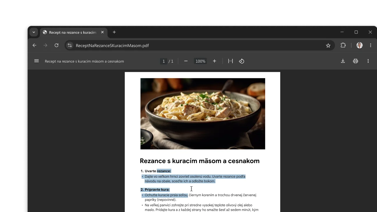 V okne prehliadača Chrome je otvorený súbor PDF s receptom. Používateľ vybral text v súbore PDF.