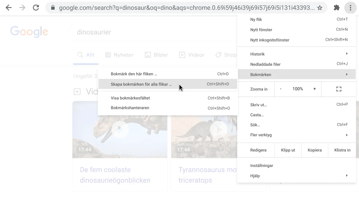 Ett webbläsarfönster i Chrome med en dialogruta som visar alternativet Skapa bokmärken för alla flikar.