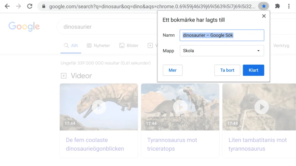 Ett webbläsarfönster i Chrome med en öppen dialogruta om att infoga bokmärke.