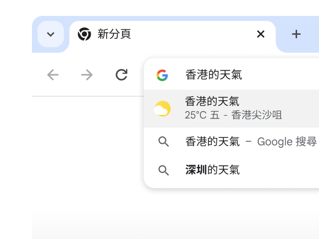 使用者在 Chrome 的網址列輸入「巴黎天氣」,系統已立即產生搜尋結果。