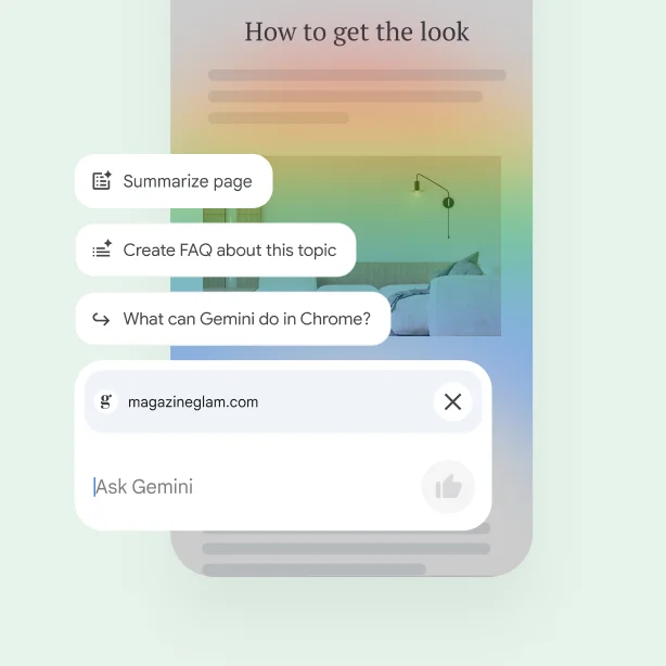 Over a webpage on a mobile phone, controls let the user summarize the page, find related sites, or ask Gemini a question.