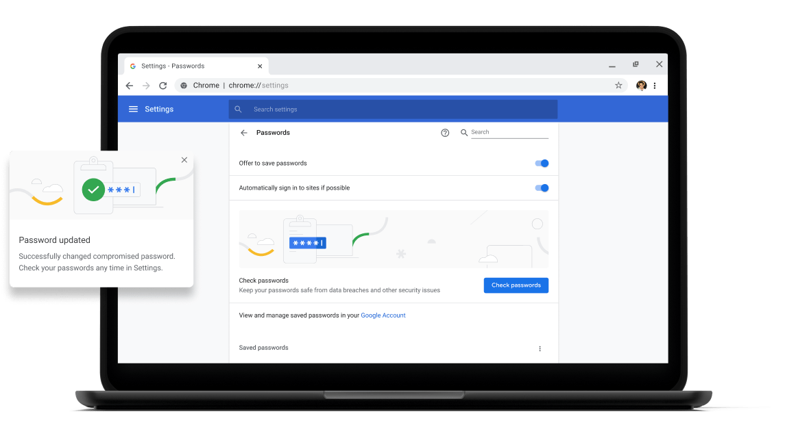密碼檢查功能 Pixelbook Go laptop with screen displaying Chrome password check with a passsword update dialog box.