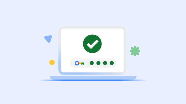笔记本电脑屏幕上显示一个大大的绿色对勾标记,以及一个已完成的安全密钥进度条。