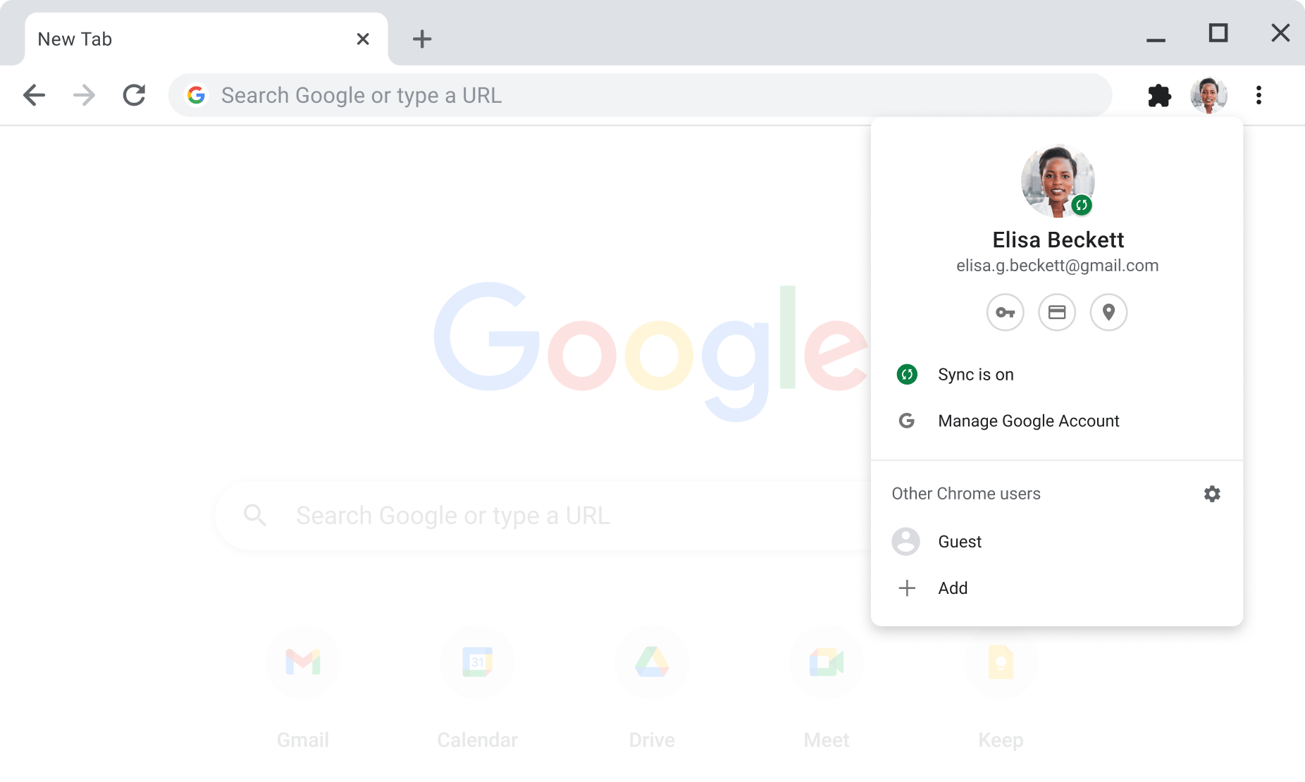 Chrome 瀏覽器視窗中顯示帳戶及 Google 帳戶的同步處理設定,且同步處理功能已啟用。