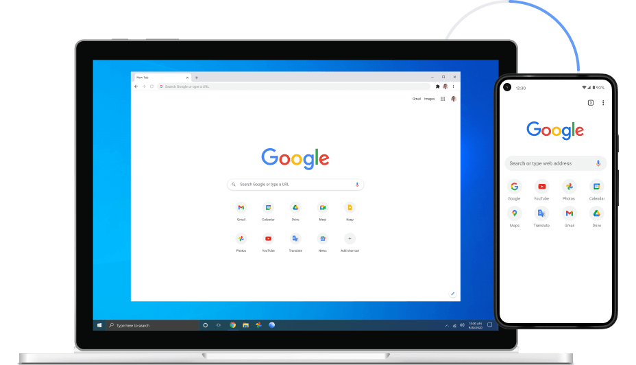 筆記型電腦和行動裝置上顯示 Google Chrome 的圖片
