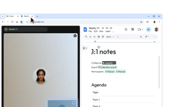 使用者將一個分頁拖曳到另一個分頁，建立分割畫面，方便在 Google Meet 通話期間做筆記。
